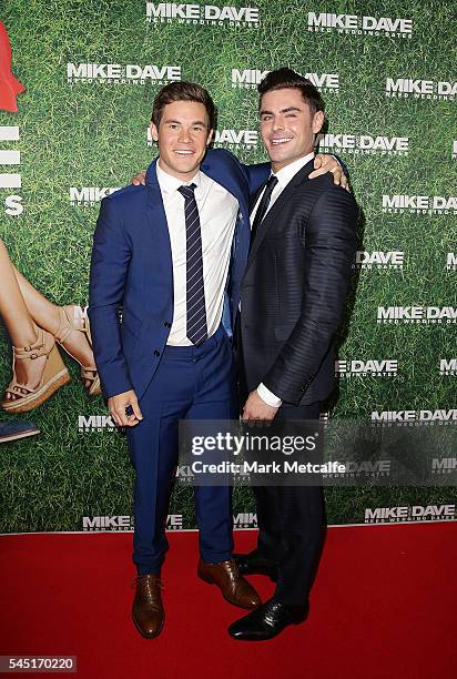 Zac Efron and Adam Devine attend the Mike And Dave Need Wedding Dates fan premiere at Event Cinemas Parramatta on July 6, 2016 in Sydney, Australia.