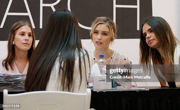 Samantha Harris and Sarah Ellen talk to a contestant during the 2016 Girlfriend Priceline Pharmacy Model Search at Westfield Parramatta on July 6,...