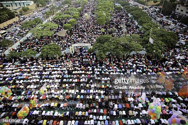 Muslims perform Eid al-Fitr prayer during the Eid al-Fitr holiday at Abu Bakr al-Siddiq Mosque, in Cairo, Egypt on July 06, 2016. Eid al-Fitr is a...