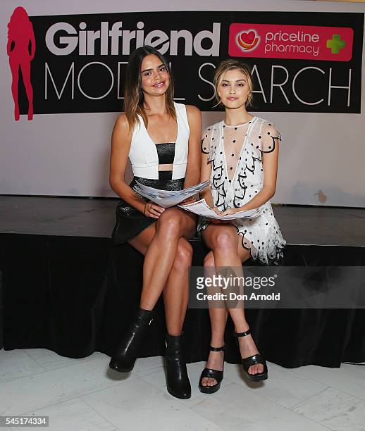 Samantha Harris and Sarah ellen pose during the 2016 Girlfriend Priceline Pharmacy Model Search at Westfield Parramatta on July 6, 2016 in Sydney,...