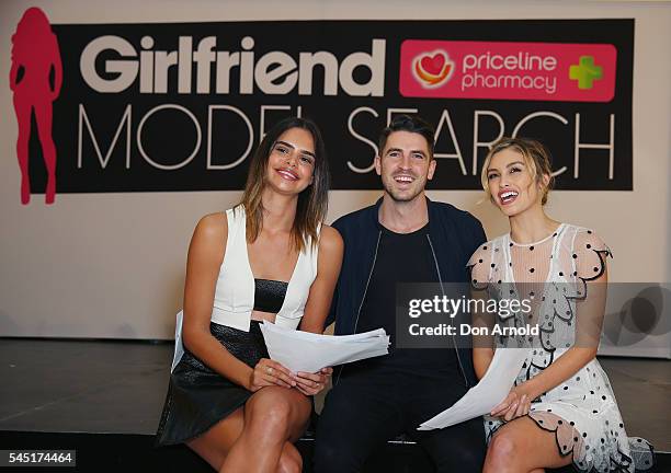 Samantha Harris, Scott Tweedie and Sarah Ellen pose during the 2016 Girlfriend Priceline Pharmacy Model Search at Westfield Parramatta on July 6,...