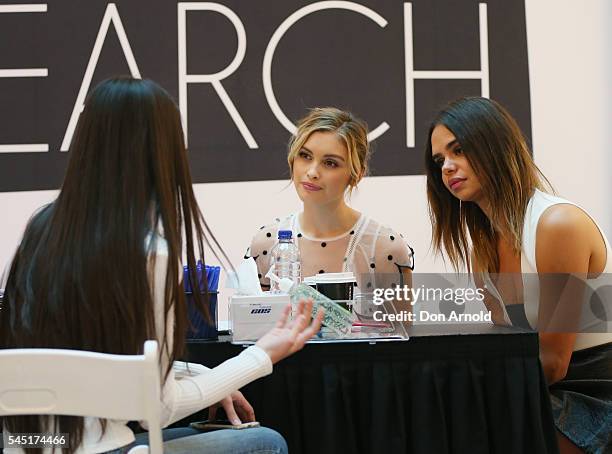 Sarah ellen and Samantha Harris talk to a young girl during the 2016 Girlfriend Priceline Pharmacy Model Search at Westfield Parramatta on July 6,...