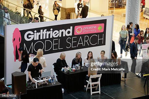 Contestants talk to judges during the 2016 Girlfriend Priceline Pharmacy Model Search at Westfield Parramatta on July 6, 2016 in Sydney, Australia.