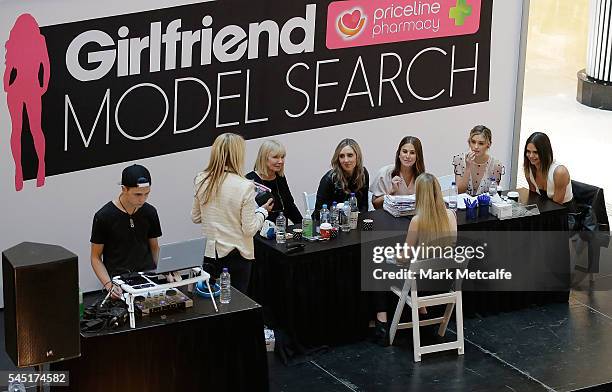 Contestants talk to judges during the 2016 Girlfriend Priceline Pharmacy Model Search at Westfield Parramatta on July 6, 2016 in Sydney, Australia.