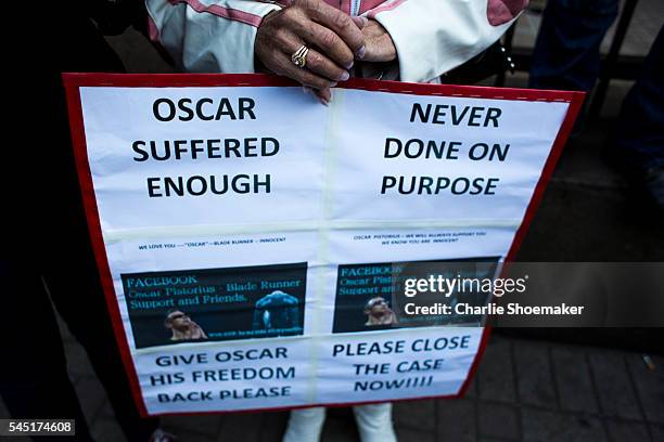 Supporter of Oscar Pistorius stands outside the North Gauteng High Court on July 6, 2016 in Pretoria, South Africa. Pistorius was sentenced to six...