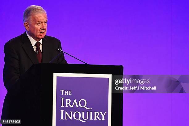 Sir John Chilcot presents The Iraq Inquiry Report at the Queen Elizabeth II Centre in Westminster on July 6, 2016 in London, England. The Iraq...