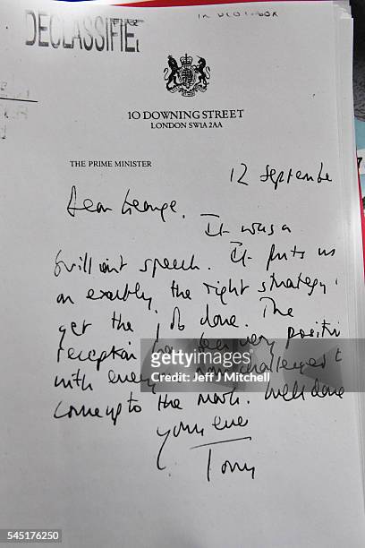 Detail of a declassified handwritten letter sent by the then British Prime Minister Tony Blair, to George Bush, former President of the United...