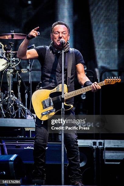 The american rock singer and song-writer Bruce Springsteen pictured on stage as they perform live at San Siro Stadium in Milan, Italy.