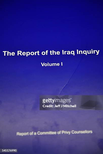 View of The Iraq Inquiry Report presented by Sir John Chilcot at the Queen Elizabeth II Centre in Westminster on July 6, 2016 in London, England. The...