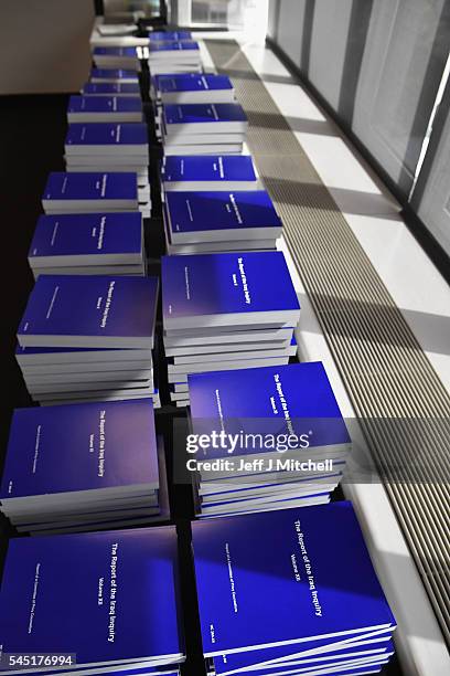 View of The Iraq Inquiry Report presented by Sir John Chilcot at the Queen Elizabeth II Centre in Westminster on July 6, 2016 in London, England. The...