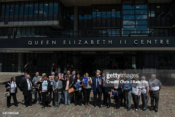 Families of soldiers killed in the Iraq conflict speak to the media outside the Queen Elizabeth II conference centre after the outcome of the Chilcot...