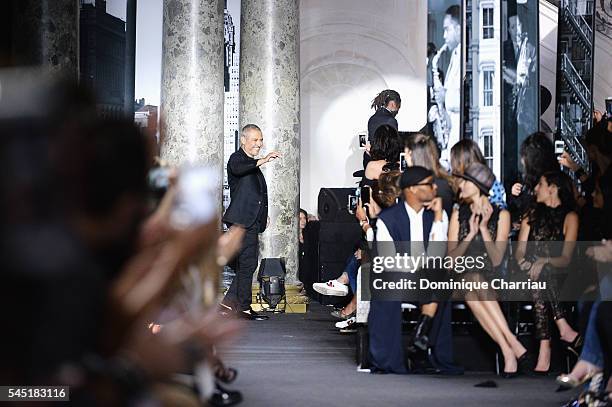 Elie Saab arrives on the runway during the Elie Saab Haute Couture Fall/Winter 2016-2017 show as part of Paris Fashion Week on July 6, 2016 in Paris,...