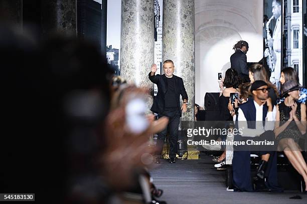 Elie Saab arrives on the runway during the Elie Saab Haute Couture Fall/Winter 2016-2017 show as part of Paris Fashion Week on July 6, 2016 in Paris,...