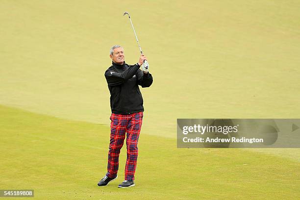 Former Rugby player Gavin Hastings of Scotland hits an approach shot during a pro-am round ahead of the AAM Scottish Open at Castle Stuart Golf Links...