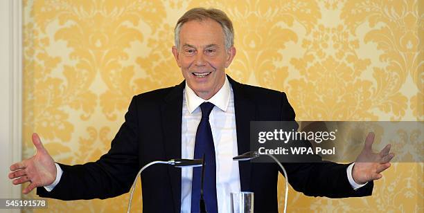 Former Prime Minister, Tony Blair speaks during a press conference at Admiralty House, where responding to the Chilcot report he said: "I express...