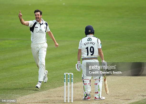 Steven Finn of Middlesex celebrates the dismissal of Gary Ballance of Yorkshire during day four of the Specsavers County Championship division one...