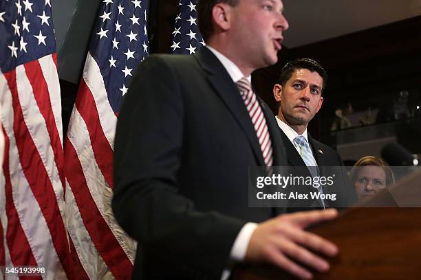 Rep. Lee Zeldin speaks as Speaker of the House Rep. Paul Ryan and Rep. Lynn Jenkins look on during a press briefing after a House Republican...