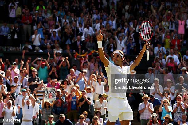 Roger Federer of Switzerland celebrates victory during the Men's Singles Quarter Finals match against Marin Cilic of Croatia on day nine of the...