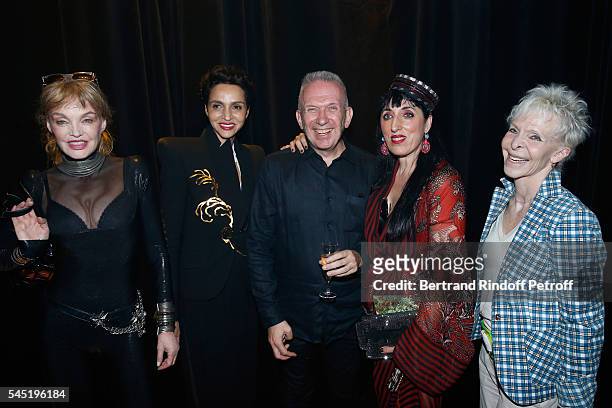 Arielle Dombasle, Farida Khelfa Seydoux, stylist Jean-paul Gaultier, Rossy de Palma and Tonie Marshall pose after the Jean Paul Gaultier Haute...