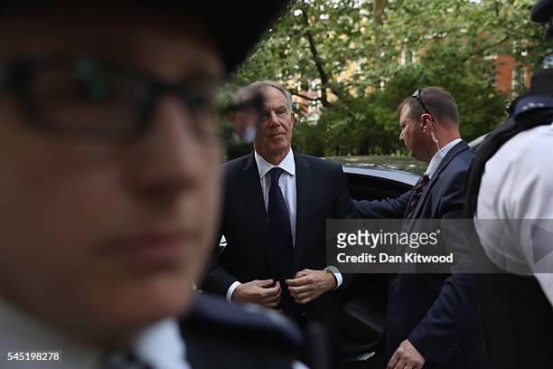 Former Prime Minister Tony Blair arrives back at his home after a press conference following the outcome of the Iraq Inquiry report on July 6, 2016...