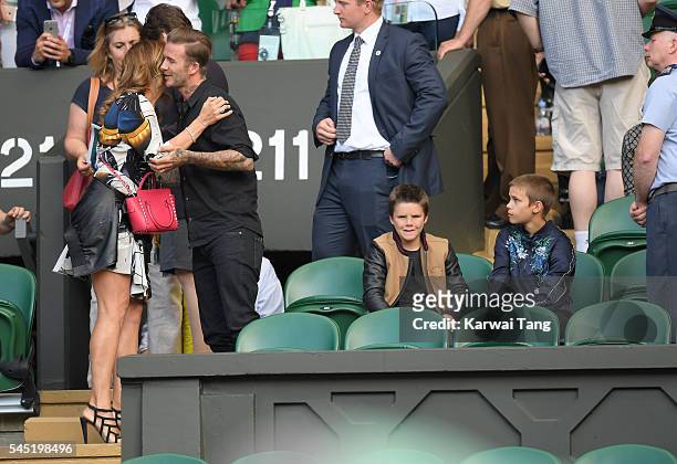 Mirka Federer, David Beckham with sons Cruz and Romeo attend day nine of the Wimbledon Tennis Championships at Wimbledon on July 06, 2016 in London,...