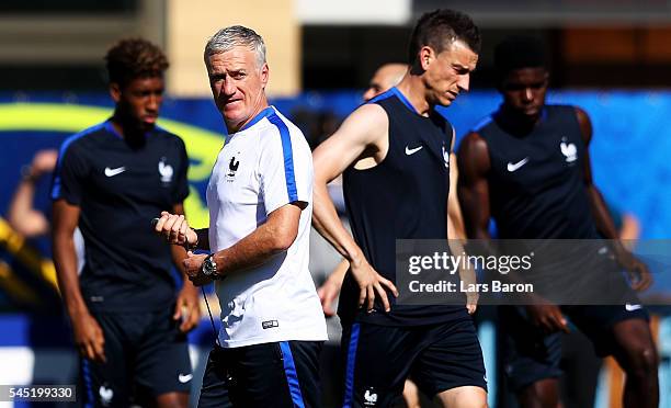 Head coach Didier Deschamps looks on during a France training session ahead of their UEFA Euro 2016 Semi final against Germany on July 6, 2016 in...