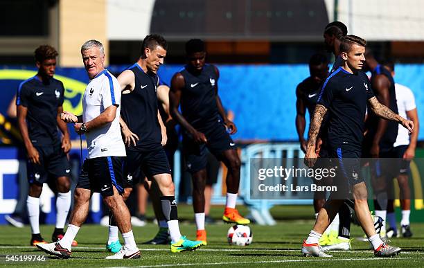 Head coach Didier Deschamps looks on during a France training session ahead of their UEFA Euro 2016 Semi final against Germany on July 6, 2016 in...