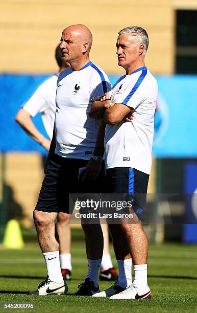 Head coach Didier Deschamps looks on during a France training session ahead of their UEFA Euro 2016 Semi final against Germany on July 6, 2016 in...