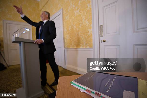 Former Prime Minister, Tony Blair speaks during a press conference at Admiralty House, where responding to the Chilcot report he said: "I express...