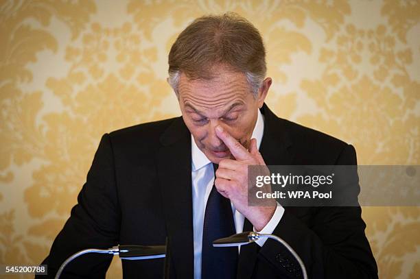 Former Prime Minister, Tony Blair speaks during a press conference at Admiralty House, where responding to the Chilcot report he said: "I express...