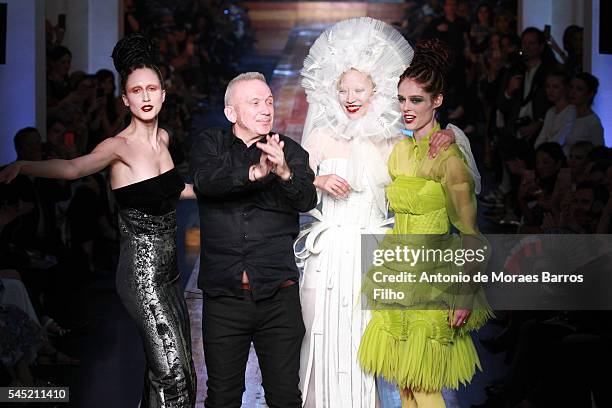 Jean-Paul Gaultier, Coco Rocha walk the runway during the Jean-Paul Gaultier Haute Couture Fall/Winter 2016-2017 show as part of Paris Fashion Week...