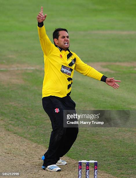 Kieran Noema-Barnett of Gloucestershire celebrates after dismissing Rory Burns of Surrey during the Natwest T20 Blast match between Gloucestershire...
