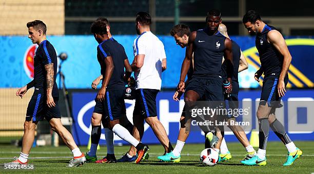 Paul Pogba of France is seen during a France training session ahead of their UEFA Euro 2016 Semi final against Germany on July 6, 2016 in Marseille,...