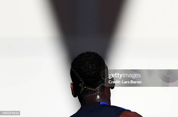 Paul Pogba of France is seen during a France training session ahead of their UEFA Euro 2016 Semi final against Germany on July 6, 2016 in Marseille,...