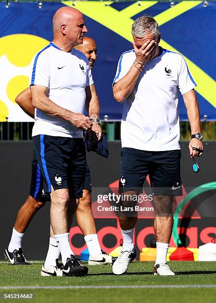 Head coach Didier Deschamps looks on during a France training session ahead of their UEFA Euro 2016 Semi final against Germany on July 6, 2016 in...