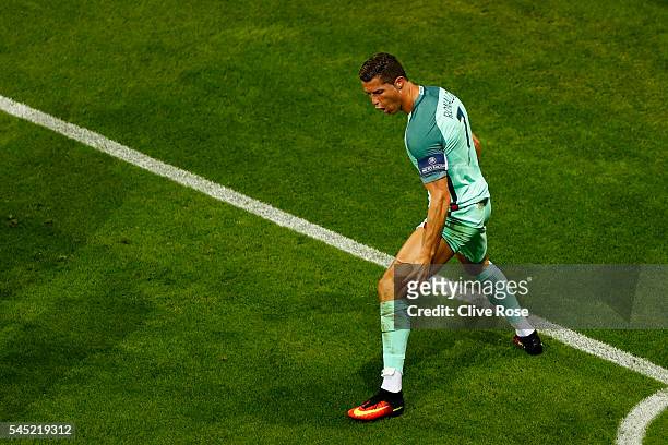 Cristiano Ronaldo of Portugal celebrates scoring the opening goal during the UEFA EURO 2016 semi final match between Portugal and Wales at Stade des...