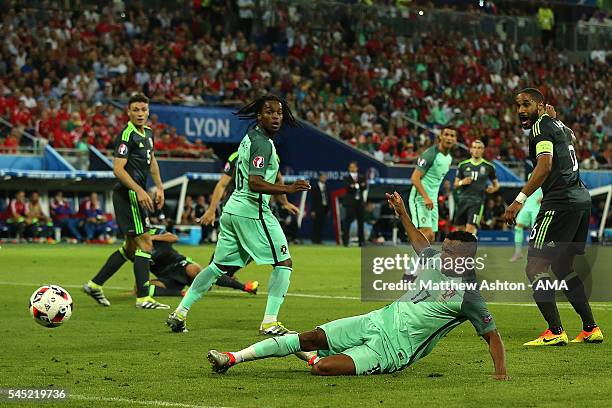 Nani of Portugal scores a goal to make the score 2-0 during the UEFA Euro 2016 Semi Final match between Portugal and Wales at Stade des Lumieres on...