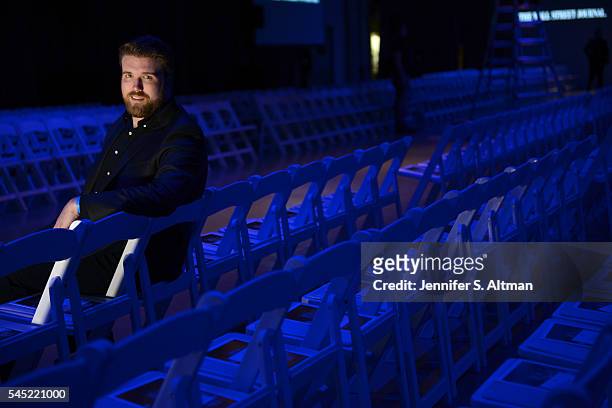 Model Zach Miko is photographed for New York Times on April 4, 2016 at the Intrepid Sea, AIr & Space Museum, while attending the Jeffrey Fashion...
