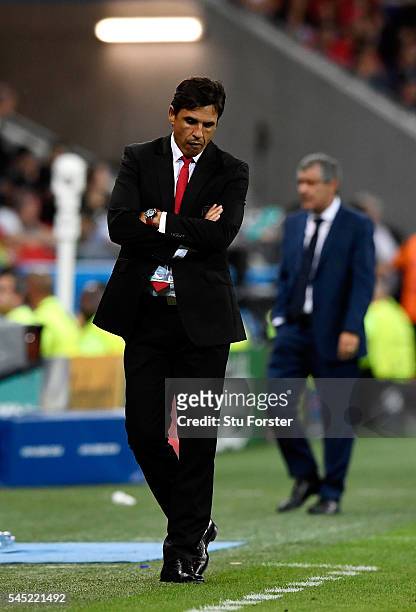 Chris Coleman manager of Wales reacts on the touchline during the UEFA EURO 2016 semi final match between Portugal and Wales at Stade des Lumieres on...