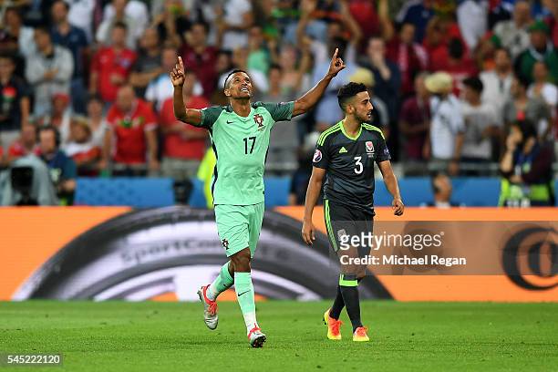 Nani of Portugal celebrates after scoring his team's second goal during the UEFA EURO 2016 semi final match between Portugal and Wales at Stade des...