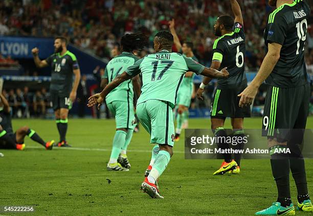 Nani of Portugal celebrates scoring a goal to make the score 2-0 during the UEFA Euro 2016 Semi Final match between Portugal and Wales at Stade des...
