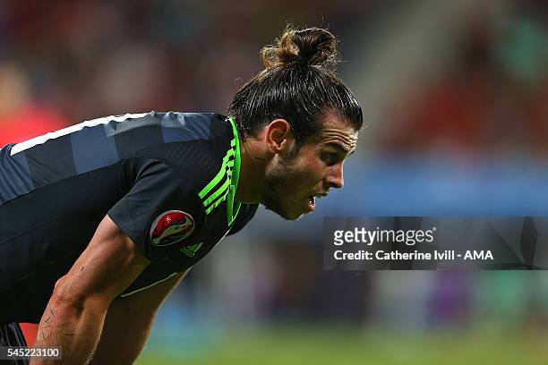 Gareth Bale of Wales reacts during the UEFA Euro 2016 Semi Final match between Portugal and Wales at Stade des Lumieres on July 6, 2016 in Lyon,...