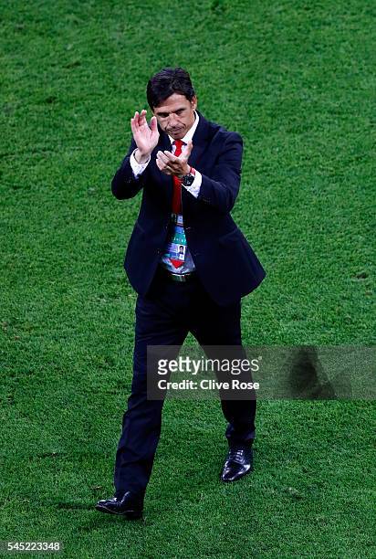 Chris Coleman manager of Wales applauds the fans after the UEFA EURO 2016 semi final match between Portugal and Wales at Stade des Lumieres on July...
