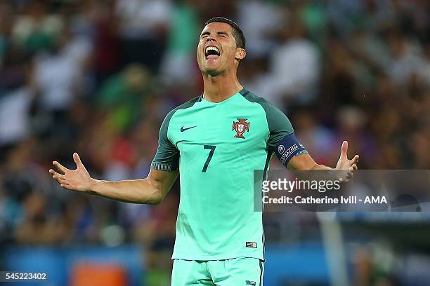 Cristiano Ronaldo of Portugal celebrates at the end of the UEFA Euro 2016 Semi Final match between Portugal and Wales at Stade des Lumieres on July...