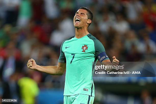 Cristiano Ronaldo of Portugal celebrates at the end of the UEFA Euro 2016 Semi Final match between Portugal and Wales at Stade des Lumieres on July...