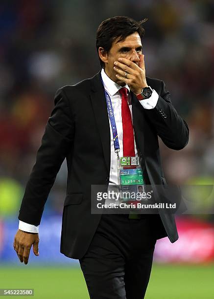 Wales manager Chris Coleman looks dejected following the UEFA Euro 2016 Semi Final match between Portugal and Wales at Stade de Lyon on July 06, 2016...
