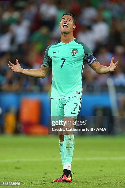 Cristiano Ronaldo of Portugal celebrates at the end of the UEFA Euro 2016 Semi Final match between Portugal and Wales at Stade des Lumieres on July...