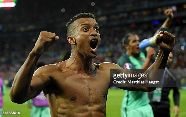 Nani of Portugal celebrates his team's win after the UEFA EURO 2016 semi final match between Portugal and Wales at Stade des Lumieres on July 6, 2016...