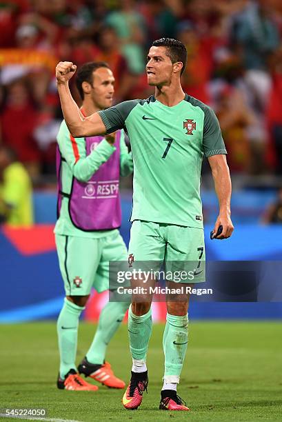 Cristiano Ronaldo of Portugal celebrates at the final whistle during the UEFA EURO 2016 semi final match between Portugal and Wales at Stade des...