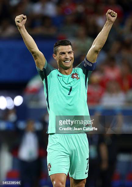 Cristiano Ronaldo of Portugal celebrates the victory following the UEFA Euro 2016 semi-final between Wales and Portugal at Parc OL, Stade des...